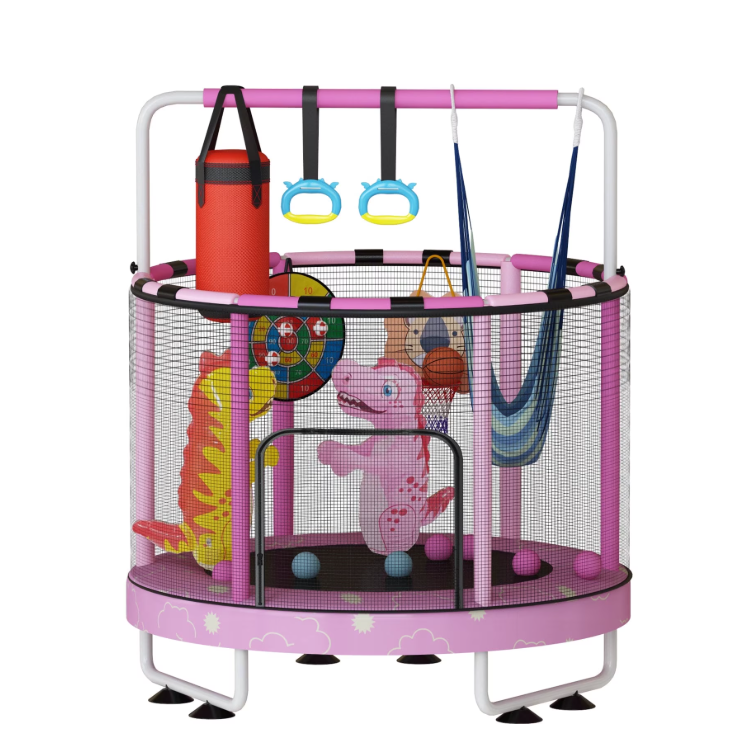Mieres 55" 7-in-1 Upgraded Kids Trampoline with Swing & Basketball Hoop, Reinforced Safety Design with Adjustable Height & Net for Ages 3-8, 500lbs Capacity, In/Outdoor Play Center
