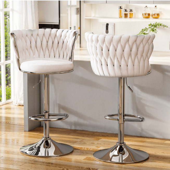 Mieres Velvet Bar Stools Adjustable Height Swivel Pub Chairs with Woven Back, Counter Height Dining Chairs with Footrest, 360° Rotating Kitchen Island Stools for Home & Bar