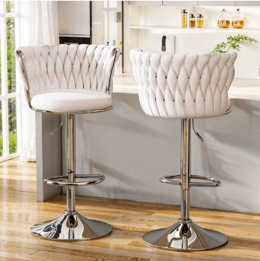 Mieres Velvet Bar Stools Adjustable Height Swivel Pub Chairs with Woven Back, Counter Height Dining Chairs with Footrest, 360° Rotating Kitchen Island Stools for Home & Bar