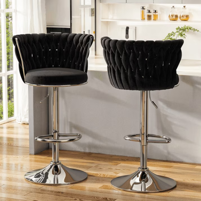 Mieres Velvet Bar Stools Adjustable Height Swivel Pub Chairs with Woven Back, Counter Height Dining Chairs with Footrest, 360° Rotating Kitchen Island Stools for Home & Bar