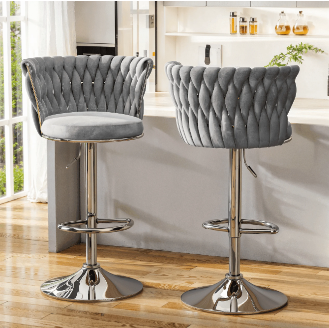 Mieres Velvet Bar Stools Adjustable Height Swivel Pub Chairs with Woven Back, Counter Height Dining Chairs with Footrest, 360° Rotating Kitchen Island Stools for Home & Bar