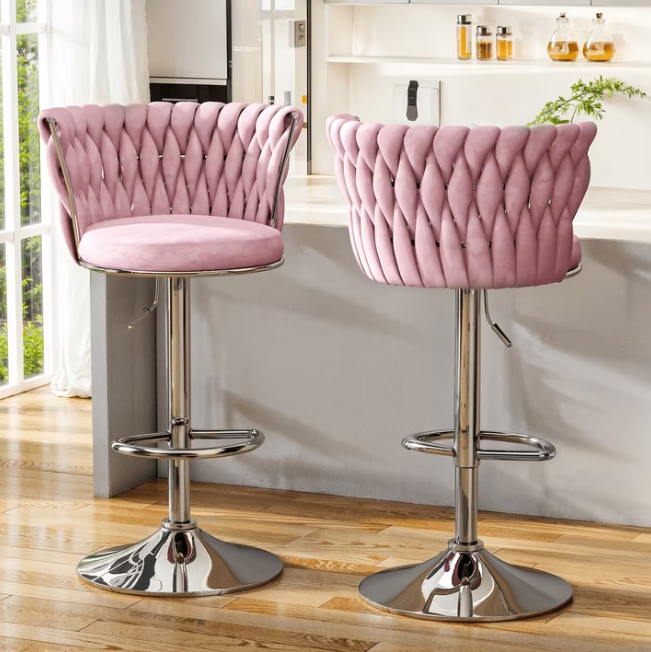 Mieres Velvet Bar Stools Adjustable Height Swivel Pub Chairs with Woven Back, Counter Height Dining Chairs with Footrest, 360° Rotating Kitchen Island Stools for Home & Bar
