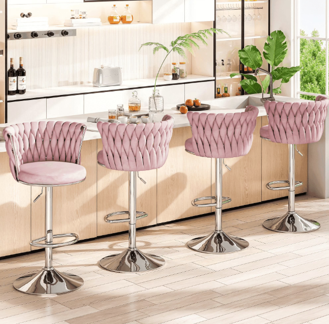 Mieres Velvet Bar Stools Adjustable Height Swivel Pub Chairs with Woven Back, Counter Height Dining Chairs with Footrest, 360° Rotating Kitchen Island Stools for Home & Bar