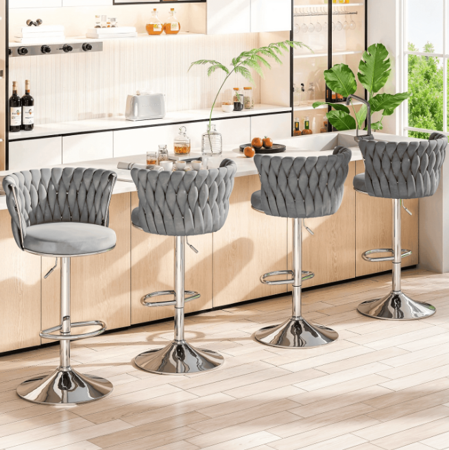 Mieres Velvet Bar Stools Adjustable Height Swivel Pub Chairs with Woven Back, Counter Height Dining Chairs with Footrest, 360° Rotating Kitchen Island Stools for Home & Bar