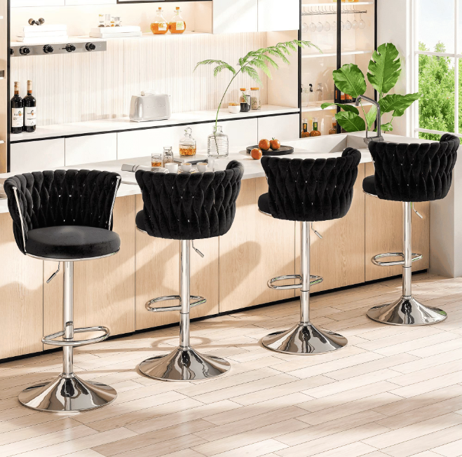 Mieres Velvet Bar Stools Adjustable Height Swivel Pub Chairs with Woven Back, Counter Height Dining Chairs with Footrest, 360° Rotating Kitchen Island Stools for Home & Bar