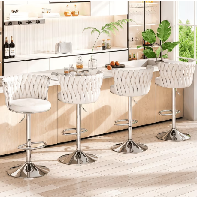 Mieres Velvet Bar Stools Adjustable Height Swivel Pub Chairs with Woven Back, Counter Height Dining Chairs with Footrest, 360° Rotating Kitchen Island Stools for Home & Bar