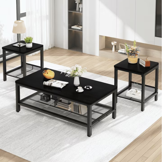 MIERES Living Room Coffee Table Set, Coffee Table and Side Table Combination, Metal Frame Coffee Table Set, Suitable for Living Rooms, Apartments, Offices
