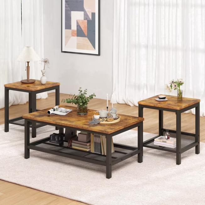 MIERES Living Room Coffee Table Set, Coffee Table and Side Table Combination, Metal Frame Coffee Table Set, Suitable for Living Rooms, Apartments, Offices