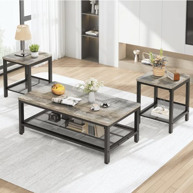 MIERES Living Room Coffee Table Set, Coffee Table and Side Table Combination, Metal Frame Coffee Table Set, Suitable for Living Rooms, Apartments, Offices