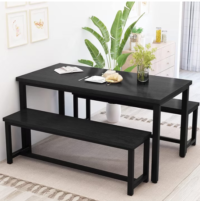 MIERES Kitchen Dining Set: Rectangular solid wood dining table with two benches, suitable for 2 to 4 people, small dining set, black
