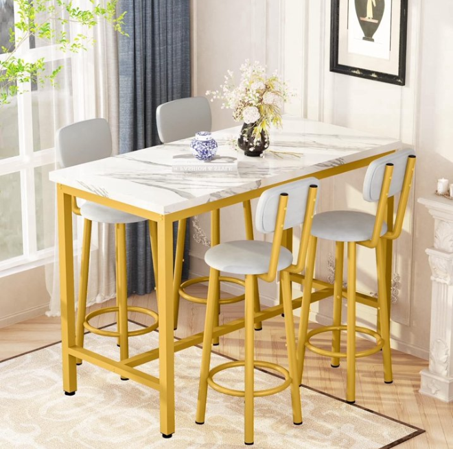 MIERES 35" Counter Height Dining Table Set, Kitchen Counter Height Table & 4 PU Leather Upholstered Stools with Backrest Space-Saving Dining Room Table Set for Small Space