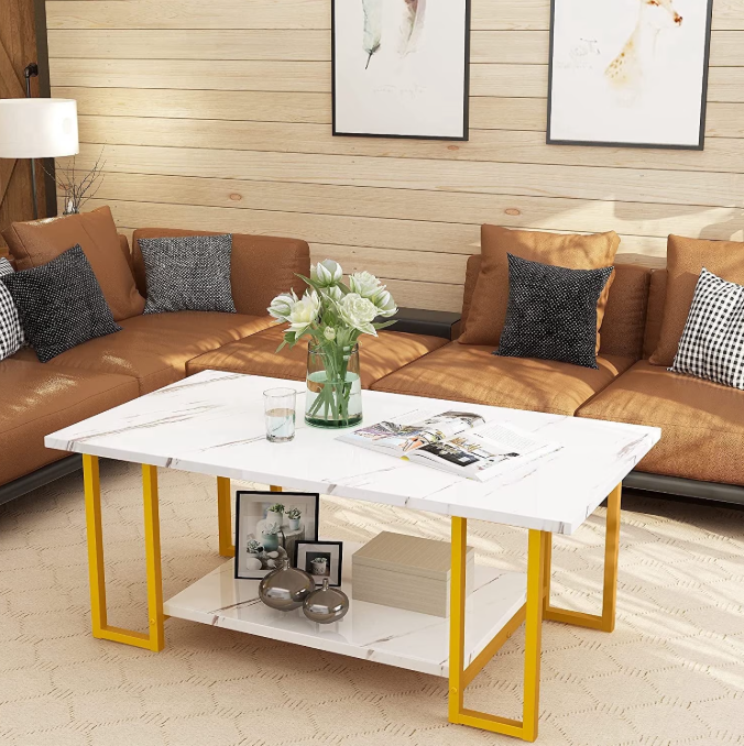 MIERES Coffee Table, Modern Faux Marble Top Coffee Table with Metal Frame and Storage Shelf, 2-Tier Rectangle Accent Cocktail Table for Living Room, Office