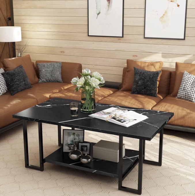 MIERES Coffee Table, Modern Faux Marble Top Coffee Table with Metal Frame and Storage Shelf, 2-Tier Rectangle Accent Cocktail Table for Living Room, Office