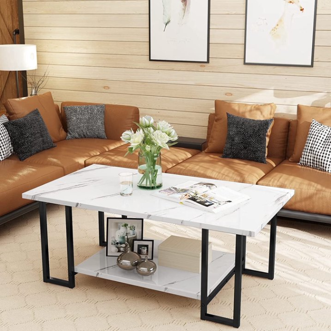MIERES Coffee Table, Modern Faux Marble Top Coffee Table with Metal Frame and Storage Shelf, 2-Tier Rectangle Accent Cocktail Table for Living Room, Office