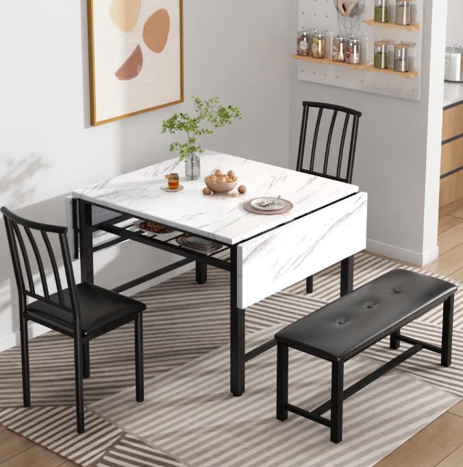 MIERES 4-Person Folding Kitchen Dining Table and Chair Set, featuring two chairs and a bench, solid wood table