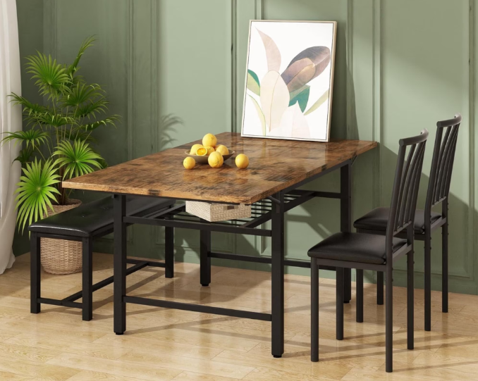 MIERES 4-Person Folding Kitchen Dining Table and Chair Set, featuring two chairs and a bench, solid wood table