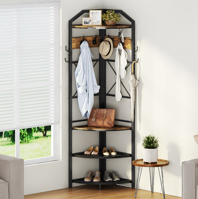 MIERES Corner Coat Rack with Storage, Entryway Hall Tree with Bench and 10 Metal Hooks, Freestanding Clothes Rack Shoes Shelf Organizer for Home Office Bedroom, Rustic Brown