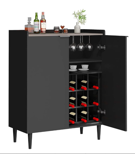 MIERES Wine Bar Cabinet for Liquor and Glasses, 37" Industrial-Style Kitchen Coffee Bar Cabinet for Home with Removable Wine Racks, Black