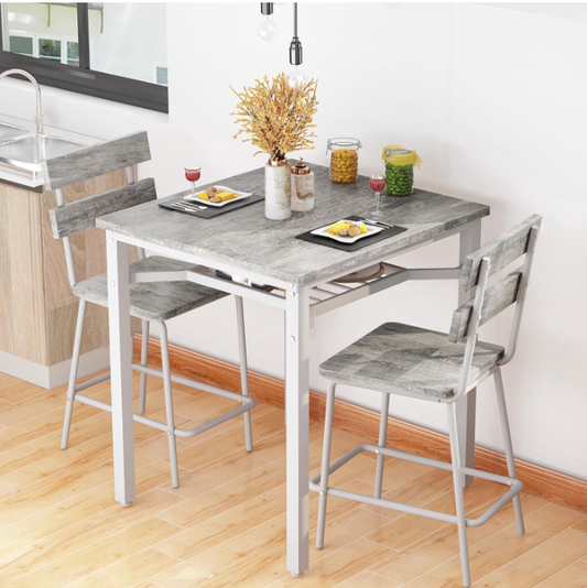 MIERES Small Kitchen Table Set for 3 Piece,Counter Height Dining Set with Storage Shelf, Farmhouse Breakfast Nook Table for Small Spaces, Dining Room, Kitchen