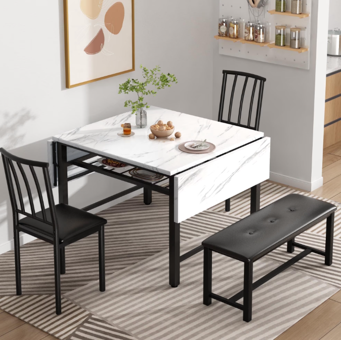 MIERES 4-Person Folding Kitchen Dining Table and Chair Set, 4-Person Dining Set, Marble-Look Dining Table, Extendable Dining Table Ideal for Small Spaces